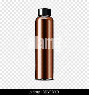 Blank dark brown clear glass or plastic bottle with black screw cap on transparent background realistic mock-up. Beauty product cylindrical container Stock Vector