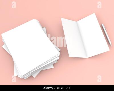 A stack of blank sheets sits next to an open notebook with a pen placed beside it on a soft pink surface. This setup is ready for writing or drawing t Stock Photo