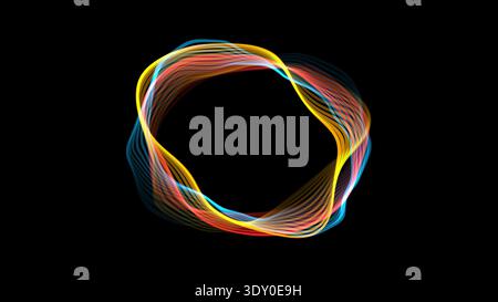 Bright trails of light swirl in loops and forms against a black background. The display occurs during a technology event showcasing digital art and cr Stock Photo