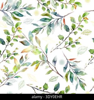 Seamless background with green watercolor leaves spring. hand drawing. Not AI. vector pattern. Stock Vector