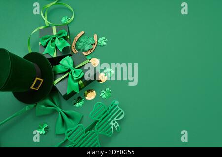St. Patrick's day celebration with green gifts and shamrock decor Stock Photo