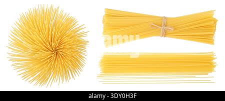 uncooked spaghetti or yellow pasta isolated on white background. Top view. Flat lay Stock Photo