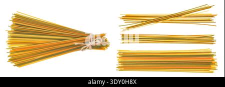 Colorful spaghetti tricolore pasta isolated on white background. Top view. Flat lay Stock Photo