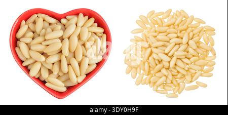 Shelled European pine nuts in ceramic bowl isolated on white background with full depth of field. Top view. Flat lay Stock Photo