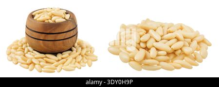 Shelled European pine nuts in wooden bowl isolated on white background with full depth of field Stock Photo
