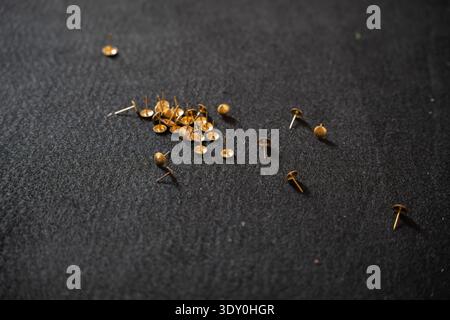 Scattered small brass thumbtacks lying on dark textured laminate flooring underlay surface in macro close up showing sharp metal points and golden hea Stock Photo