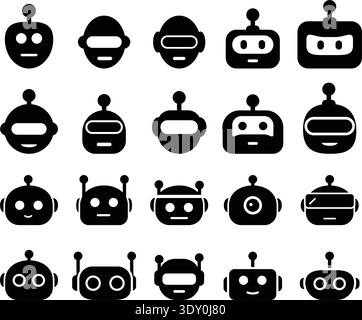 Cute minimal solid black ai chatbot head mascot vector illustration bundle robot bot face icons for technology app ui Stock Vector