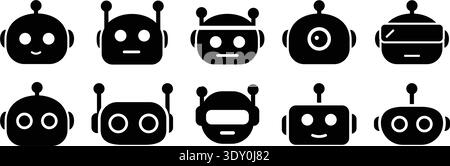 Ai robot bot face vector illustration collection cute minimal solid black chatbot head mascot icons for technology app ui Stock Vector