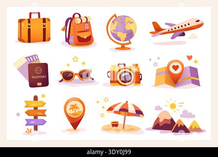 Travel set with passport, globe, air ticket, camera, plane, sunglasses, credit card, backpack, wallet, suitcase,location icon and spf cream. Adventure Stock Vector