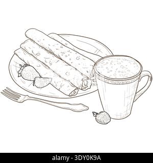 Pancakes rolled into a roll and mug of milk or coffee, hand drawn sketch. Vector illustration. Sweet pastries for Maslenitsa on a plate, fork and cup, Stock Vector