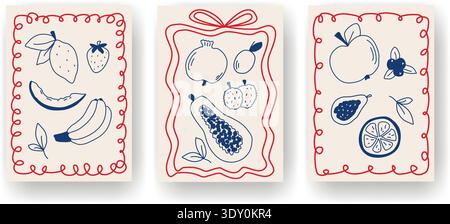 Set posters with fruit and whimsical frames in  Mediterranean style. Vertical fruit templates for postcards, brochures, flyers, leaflets and wall art. Stock Vector