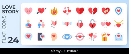 Love story flat icons. Romantic symbols including Cupid arrow, broken heart, bandage, shield, devil, angel wings, couple, target, gift, and empathy Stock Vector