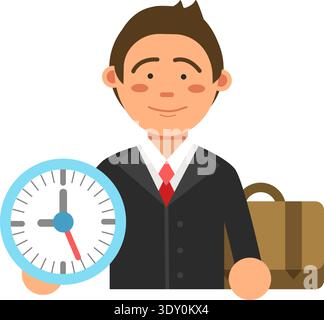 Office worker hold clock. Work hours cartoon icon Stock Vector
