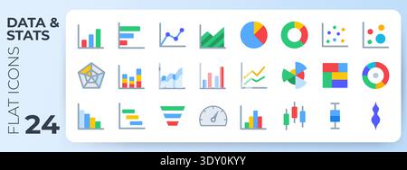 Data visualization and statistics flat icons including bar charts, pie graphs, area plots, candlesticks, and financial analytics elements for Stock Vector