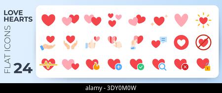 Love heart icons for social media, health, and security. Romantic symbols, Valentine s Day elements, like buttons, heartbeat, and charity pictogram Stock Vector