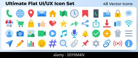 Social media flat UI UX vector icons for website and mobile application design. Essential interface symbols including home, mail, settings, search Stock Vector