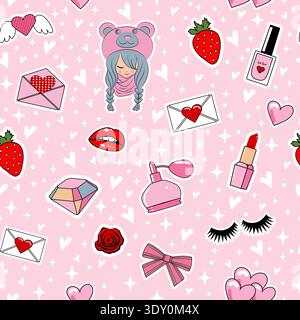 Vector cute seamless pattern with girly doodles, hearts, cosmetics, teddy bear, strawberry and lips on pink background. Fun cartoon design for fashion Stock Vector