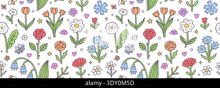 Seamless spring floral pattern with hand drawn colorful flowers, roses, tulips, and daisies. Cute garden doodle background with butterflies, bees Stock Vector