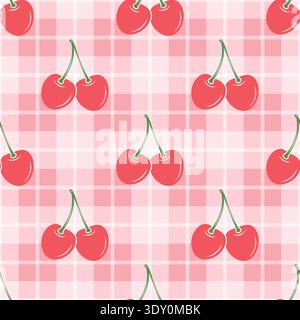 Vector Cherry Seamless Pattern Background with Cute Red Cherries on Pink Gingham Grid. Cherry Fruit Wallpaper for Textile, Fabric, Wrapping Paper Stock Vector