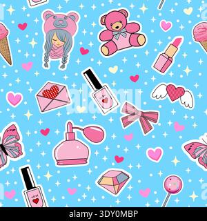 Vector cute seamless pattern with girly doodles, teddy bear, cosmetics, hearts, candy and stars on blue background. Playful cartoon design for kids Stock Vector