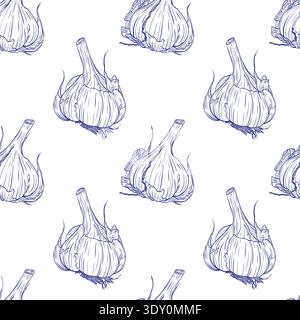 Head of garlic . Monochrome botanical seamless pattern drawing of fragrant herbs and spices. Graphic ink vector Stock Vector