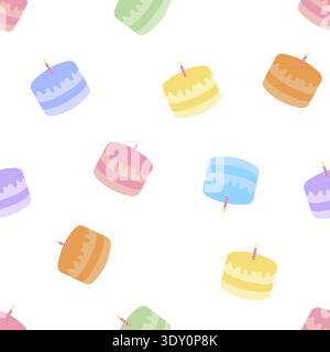 Seamless vector pattern featuring colorful pastel cakes with birthday candles on a white background. Perfect for greeting cards, wrapping paper, and p Stock Vector