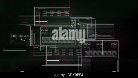 Displaying central overlapping UI windows on dark dashboard, showing key grid, code, waves, guides. Abstract, neon, glitch, scanlines, data, visualiza Stock Photo