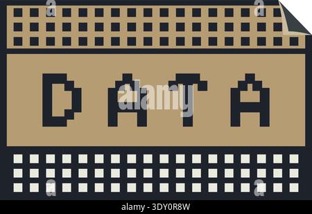 Pixel terminal style label with data text and grid blocks resembling a digital interface Stock Vector