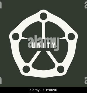 Circular emblem with unity text and connected nodes forming a network ring in white on dark green Stock Vector