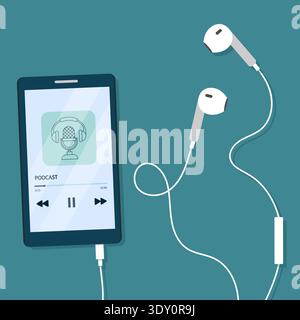 Podcast on mobile phone screen with headset. Vector illustration in flat cartoon style. Stock Vector