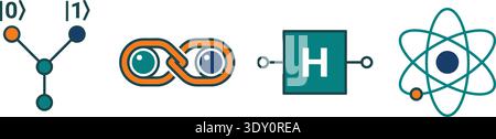 Modern flat vector icons representing quantum physics concepts like qubits entanglement hadamard gates and atomic structures. Perfect for educational Stock Vector