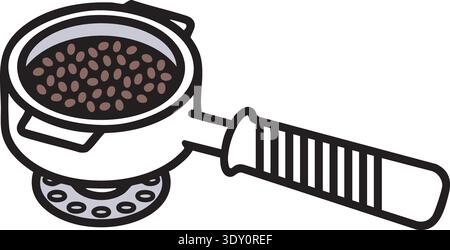 Line illustration of a coffee portafilter filled with grounds and attached handle Stock Vector