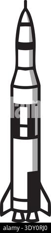 Black line art illustration of a rocket standing upright with fins and segmented body Stock Vector