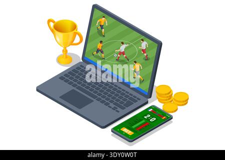 Isometric online football betting concept with laptop screen showing soccer match, smartphone with betting interface, gold coin and trophy. Digital Stock Vector