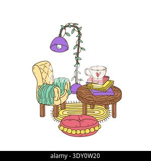 Cozy scandinavian lifestyle scene with books on a table and armchair. Hand drawn line art peaceful home still life Stock Vector