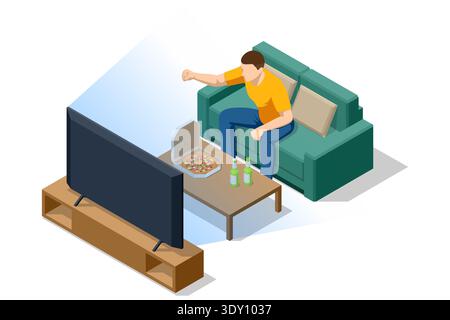 Isometric football fan watch soccer match at home on TV screen. Friend celebrate goal with pizza and drink on sofa in living room. Stock Vector