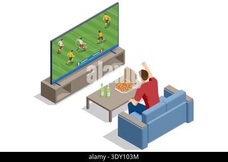 Isometric football fan watch soccer match at home on TV screen. Friend celebrate goal with pizza and drink on sofa in living room. Sport broadcast Stock Vector