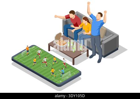 Isometric football fans watch soccer match at home on smartphone screen. Friend celebrate goal with pizza and drink on sofa in living room. Concept of Stock Vector