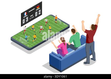Isometric football fans watch soccer match at home on smartphone screen. Friend celebrate goal with pizza and drink on sofa in living room. Concept of Stock Vector