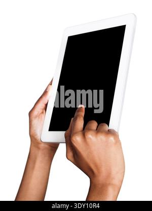 Holding and pointing to blank screen on tablet Stock Photo