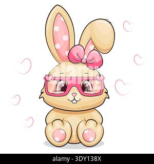 Cute cartoon Bunny with pink bow and glasses. Vector illustration of an animal on a white background with hearts. Stock Vector