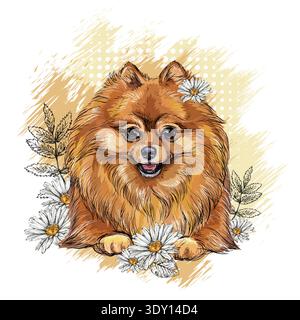 Pomeranian dog in flowers hand drawn vector illustration Stock Vector