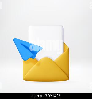 3D envelope with white paper and blue paper plane. Stock Vector