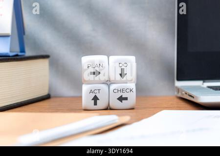 White cubes displaying the PDCA cycle Plan, Do, Check, Act. Quality management, process improvement, continuous development concept. Stock Photo