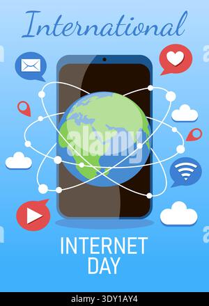 Poster, banner, flyer, or postcard for Internet Day featuring a phone. Flat illustration. Stock Vector
