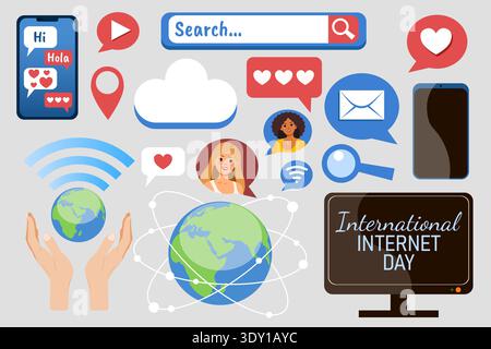 Internet Day set featuring a globe, a phone, and other devices and icons. Flat illustration. Stock Vector