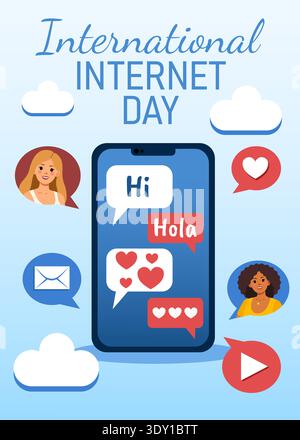 Internet Day poster featuring a phone and chat. Flat illustration. Stock Vector