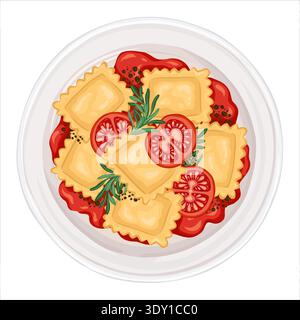 Ravioli pasta top view vector hand drawn illustration. Italian food with tomato sauce for mediterranean cafe menu and template. Isolated meal with rosemary drawing design perfect for delivery graphic. Stock Vector