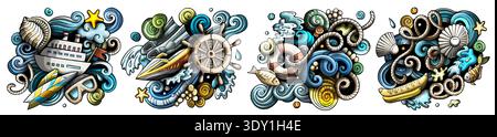 Marine cartoon vector doodle designs set. Stock Vector