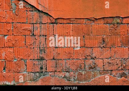 Old weathered brick wall surface suitable for organic branding, sustainability banners, or mindful backgrounds. High contrast texture adds authentic r Stock Photo